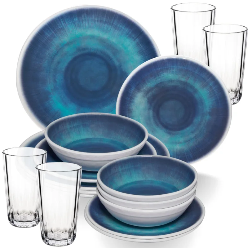Melamin Geschirr Set Jesolo Blau für 4 Personen - 16 Teile - mit klarem Trinkglas 300ml - aus Acryl Steingutoptik Campinggeschirr