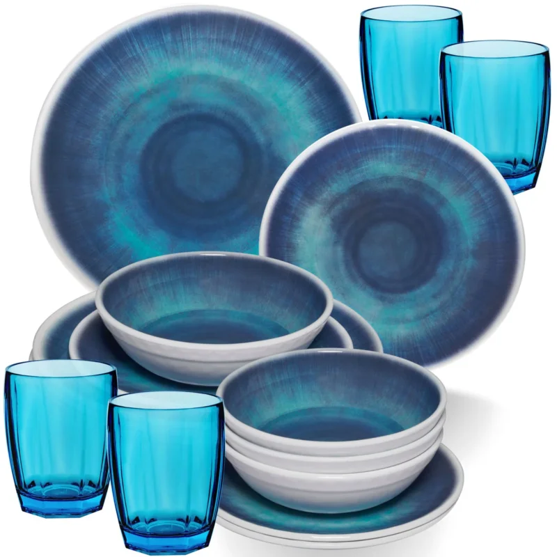 Melamin Geschirr Set Jesolo Blau für 4 Personen - 16 Teile - mit farblich passenden Trinkgläsern 320ml aus Acryl Campinggeschirr
