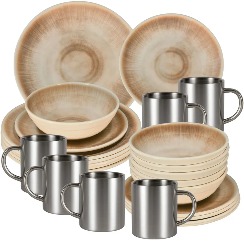 Melamin Geschirr Set Jesolo Sand für 6 Personen - 24 Teile - mit Edelstahl Thermo Tassen Steingutoptik Spülmaschinengeeignet Essgeschirr Campingzubehör Campinggeschirr Wohnwagen Camping Festival Picknick Gartenparty