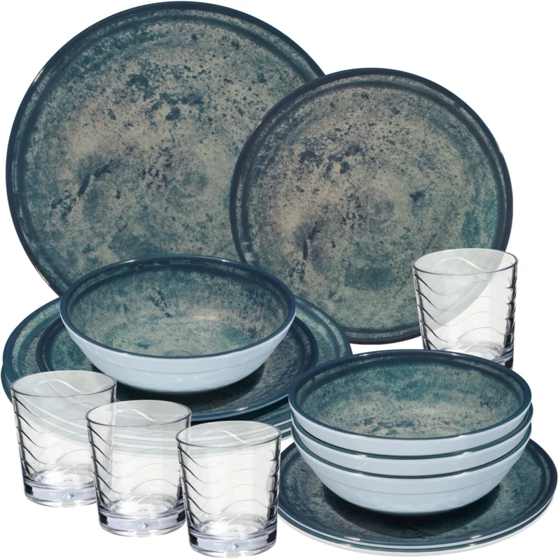 Melamin Geschirr Set Mondgranit Blau-Grau für 4 Personen - 16 Teile - mit klaren Trinkgläsern 250ml Steingutoptik Spülmaschinengeeignet Essgeschirr Campingzubehör Campinggeschirr Wohnwagen Camping