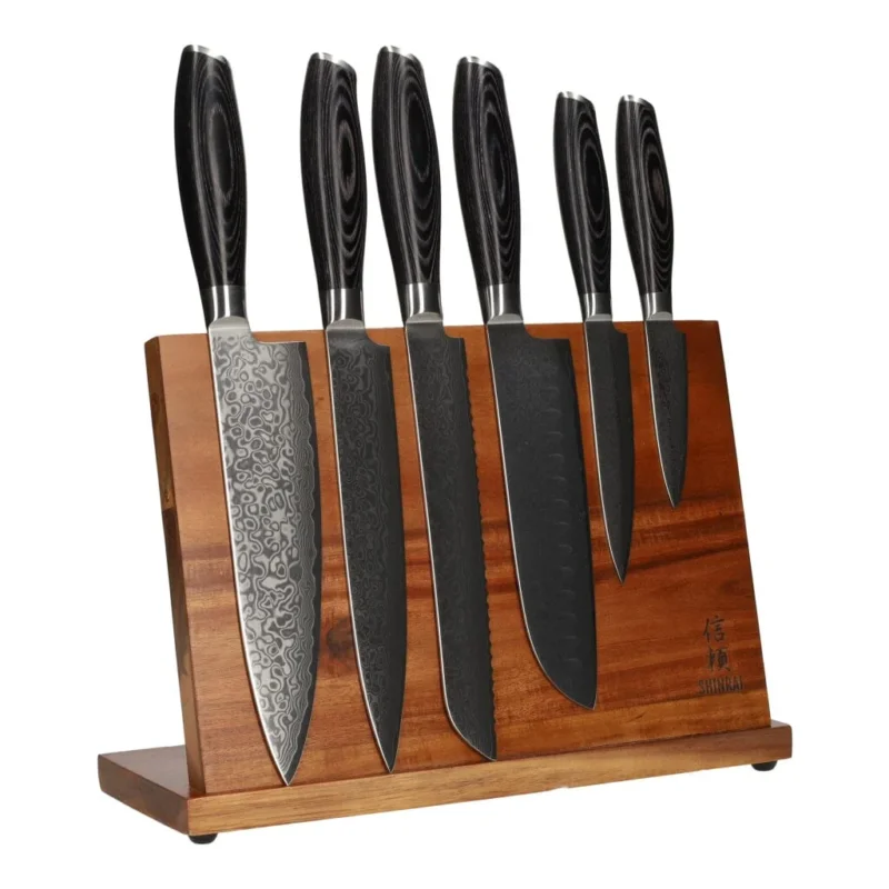 Damast Pakka Wood 6-Delige Messenset + Magnetisch Messenblok Messenset met blok Shinrai Japan
