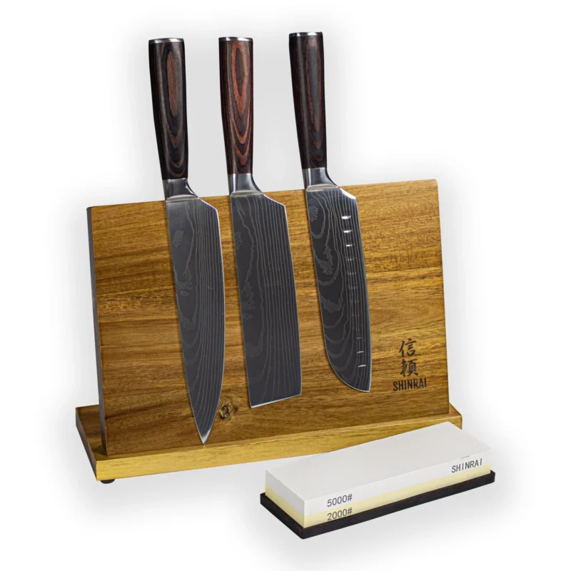 Damast Print 3-delige Messenset - Combideal XXL Messenset met blok en slijpsteen Shinrai Knives