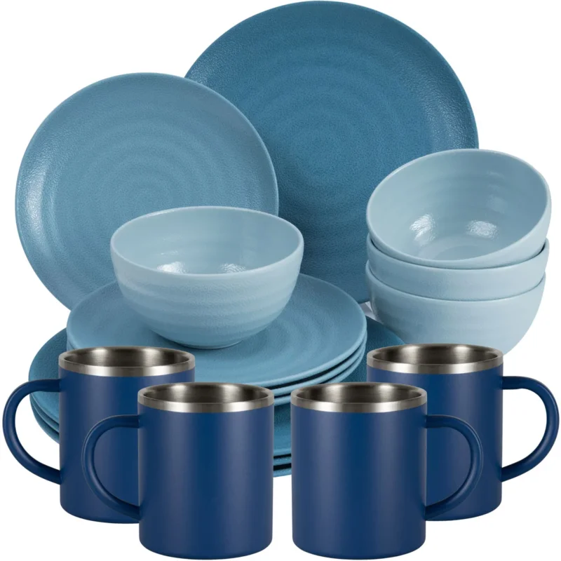 Melamin Geschirr Set Blau für 4 Personen 16 Teile mit Edelstahl Thermo Tassen doppelwandig - Tonoptik Essgeschirr - Campinggeschirr Picknick ideal für Camping modern Outdoor