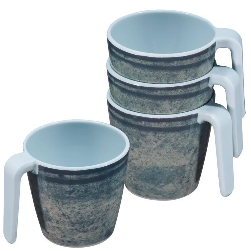 Melamin 4 Tassen 350 ml ideal für Camping - Mondgranit - Stapelbar - Steingutoptik Trinkbecher Kaffeetasse Kaffeebecher