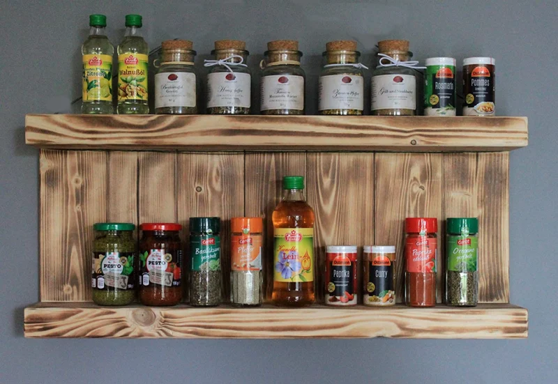 Gewürzregal aus Holz - für die Wand oder stehend - Geflammt - 2 Stellflächen