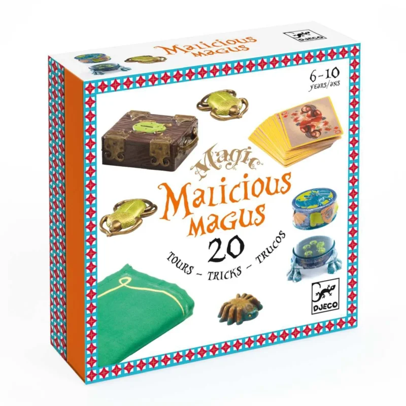 Verpackung von Zauberkasten Malicious Magus von Djeco mit 20 Zaubertricks für Kinder ab 6