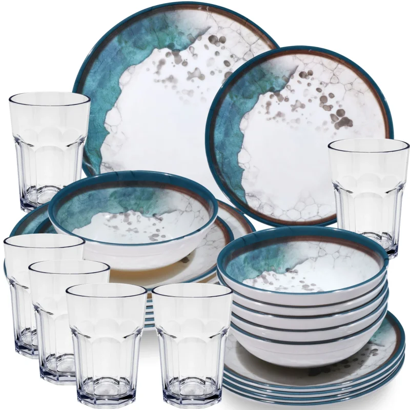 Melamin Geschirr Set Lagune für 6 Personen - 24 Teile - mit klaren Gläsern 400ml Steingutoptik Spülmaschinengeeignet Essgeschirr Campingzubehör Campinggeschirr Wohnwagen Camping Festival Picknick Gartenparty