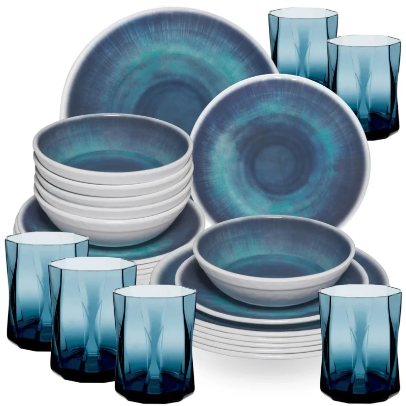 Melamin Geschirr Set Jesolo Blau für 6 Personen - 24 Teile - mit farblich passenden Trinkgläsern 300ml aus Acryl - Campinggeschirr