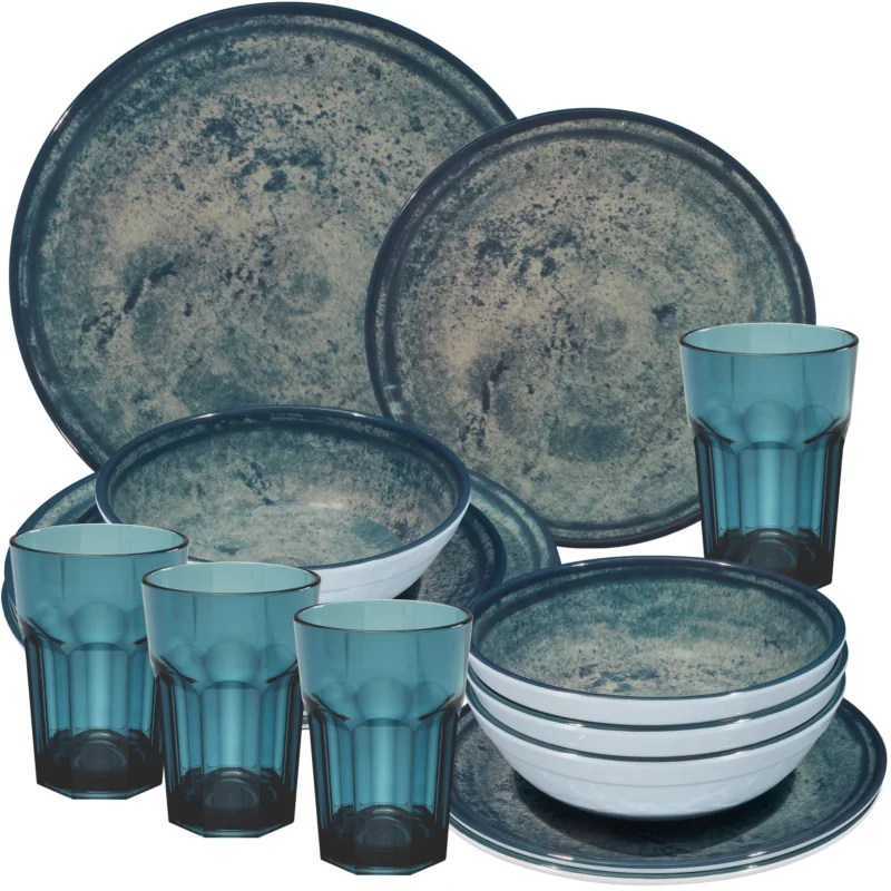 Melamin Geschirr Set Mondgranit Blau-Grau für 4 Personen - 16 Teile - mit blauen Trinkgläsern 400ml Steingutoptik Spülmaschinengeeignet Essgeschirr Campingzubehör Campinggeschirr Wohnwagen Camping