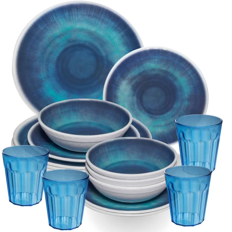 Melamin Geschirr Set Jesolo Blau für 4 Personen - 16 Teile - mit blauem Trinkglas 450ml aus Acryl Steingutoptik Campinggeschirr