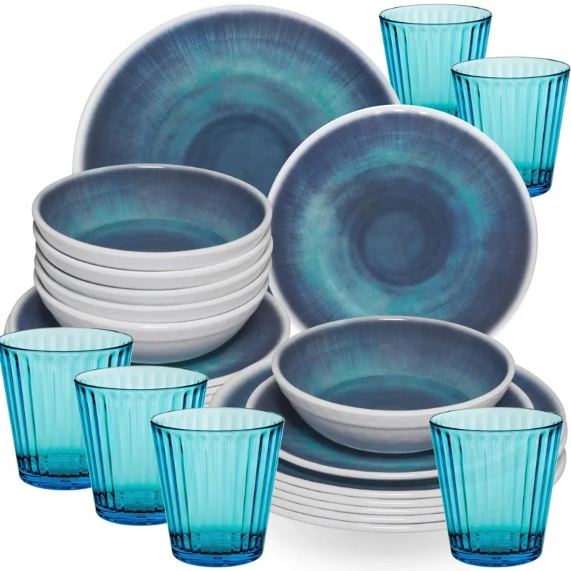 Melamin Geschirr Set Jesolo Blau für 6 Personen - 24 Teile - mit farblich passenden Trinkgläsern 360ml aus Acryl Campinggeschirr