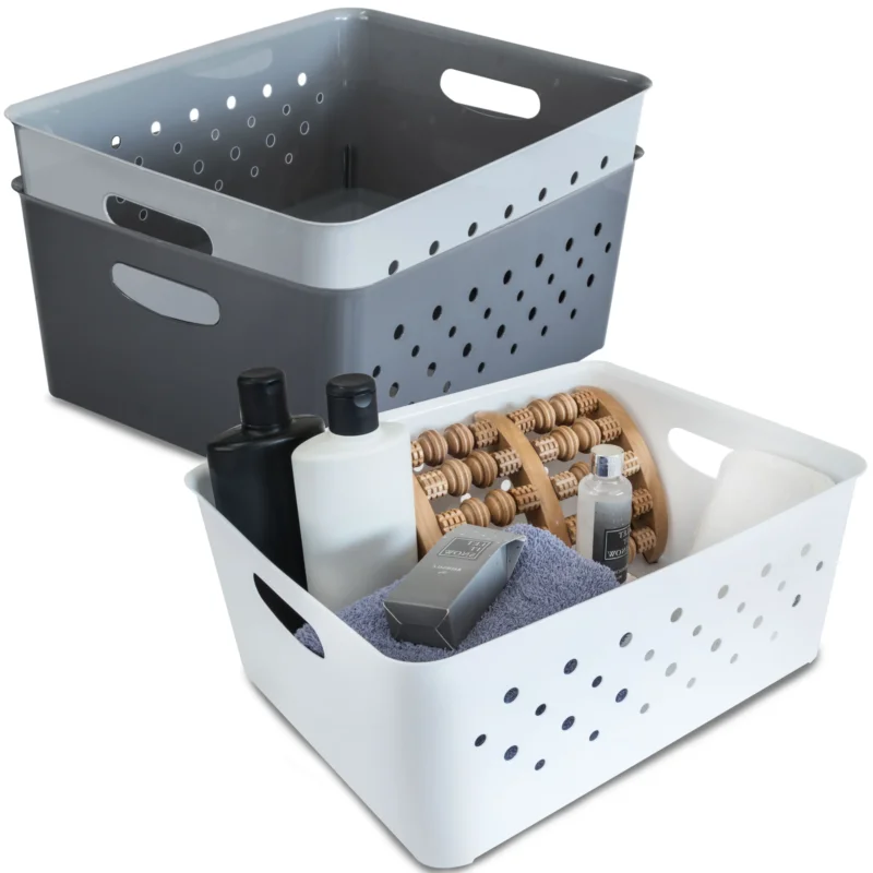 Ordnungsbox-Set WEIß-GRAU-ANTHRAZIT - 37x29x15cm - 14 Liter - Schubladenorganizer Ordnungskorb Schublade - Organizerbox Ordnungssystem Kunststoff Aufbewahrung Bad Korb Schrank Schreibtisch3631+3632 - Great Plastic Ordnungsbox mit Lochmuster Weiss 14L