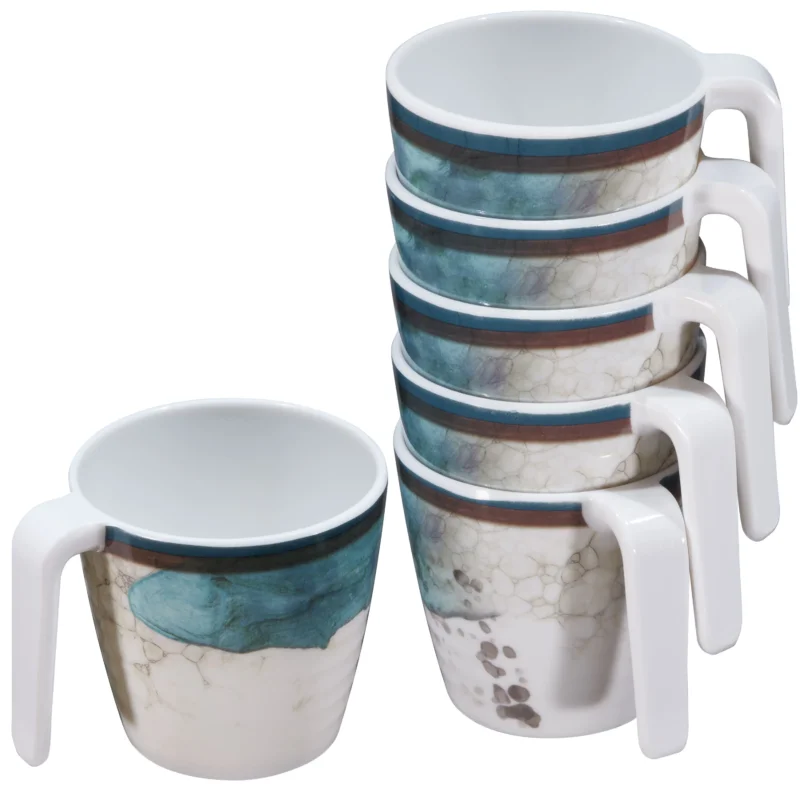 Melamin 6 Tassen 350 ml ideal für Camping - Lagune - Stapelbar - Steingutoptik Trinkbecher Kaffeetasse Kaffeebecher