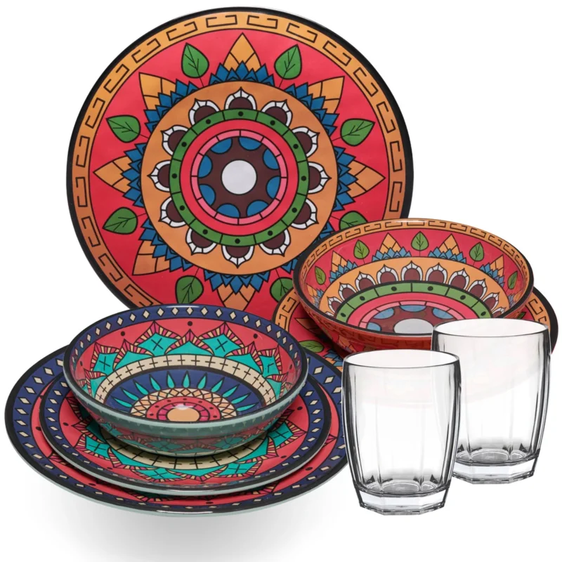 Melamin Geschirr Set Toskana Deep für 2 Personen - 8 Teile - Rot-Grün - Mandala-Optik mit klaren Trinkgläsern 320 ml Campinggeschirr