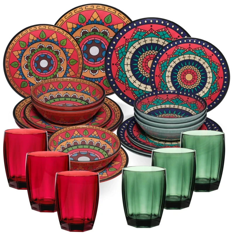Melamin Geschirr Set Toskana Deep für 6 Personen - 24 Teile Rot-Grün - Mandala-Optik mit farblich passenden Trinkgläsern 320 ml Campinggeschirr