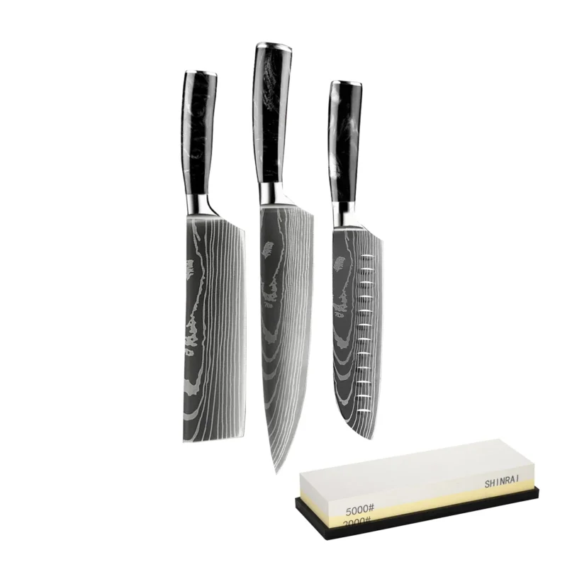 Epoxy Onyx Damascus Print 3-Delige Messenset - Combideal XL Messenset met slijpsteen Shinrai Knives