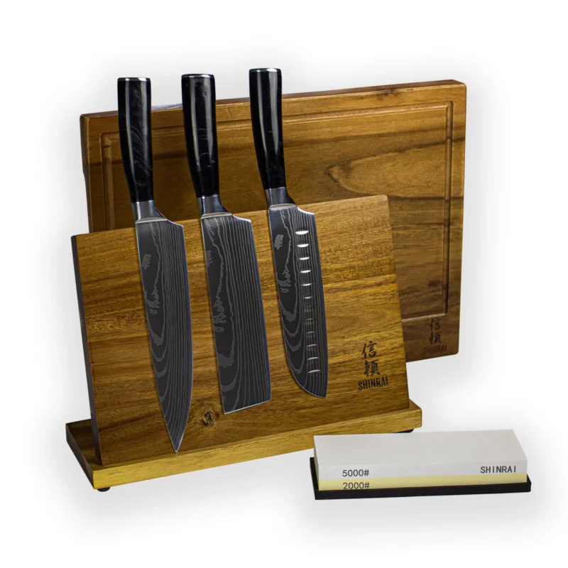 Epoxy Onyx Damascus Print 3-Delige Messenset - Combideal XXXL Messenset met blok, snijplank en slijpsteen Shinrai Knives