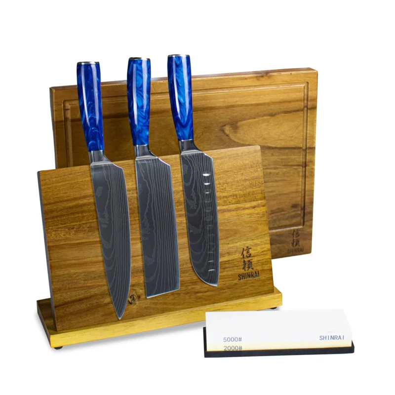 Epoxy Sapphire 3-delige messenset - Combideal XXXL Messenset met blok, snijplank en slijpsteen Shinrai Knives