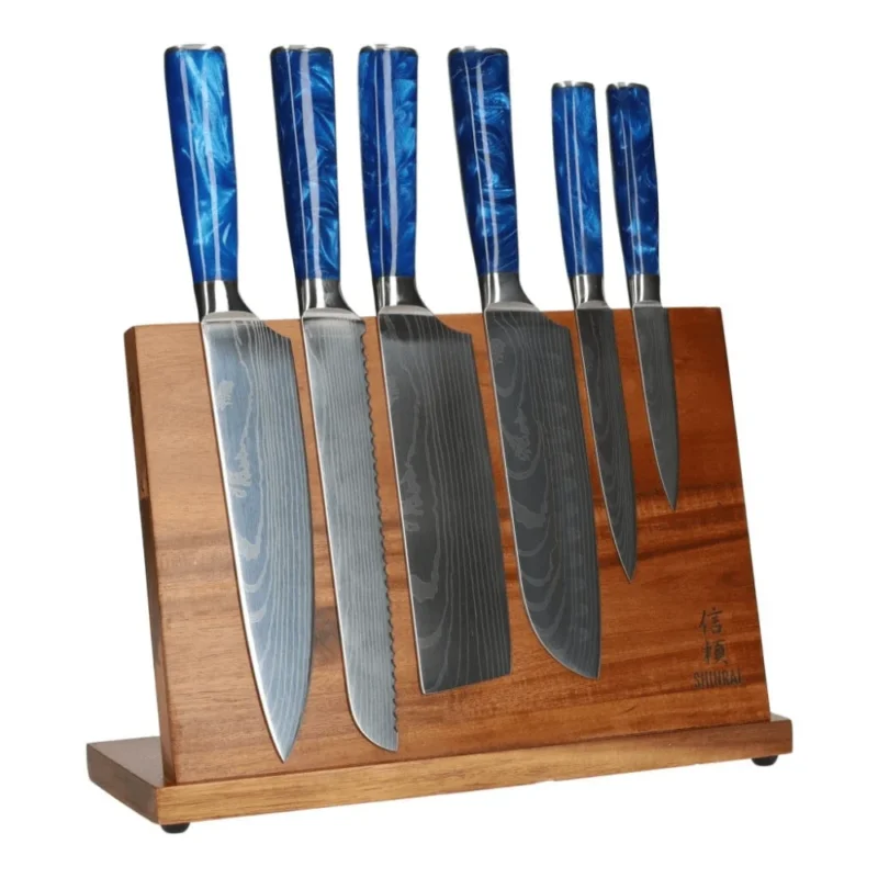 Epoxy Sapphire Damascus Print 6-Delige Messenset + Acacia houder enkelzijdig Messenset met blok Shinrai Knives