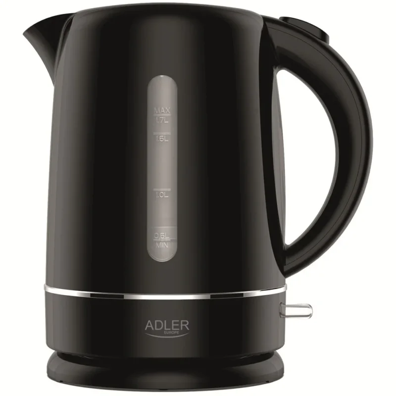 Adler AD 1385 Wasserkocher schwarz 1,7 l mit Kalkfilter, flachem Edelstahl-Heizelement, 360°-Sockel und Wasserstandsanzeige