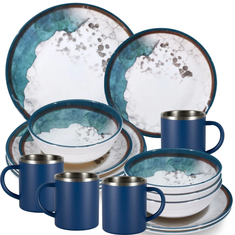 Melamin Geschirr Set Lagune für 4 Personen - 16 Teile - mit Edelstahl Thermo Tassen Steingutoptik Spülmaschinengeeignet Essgeschirr Campingzubehör Campinggeschirr Wohnwagen Camping Festival Picknick Gartenparty