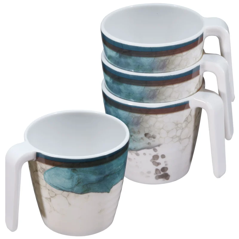 Melamin 4 Tassen 350 ml ideal für Camping - Lagune - Stapelbar - Steingutoptik Trinkbecher Kaffeetasse Kaffeebecher