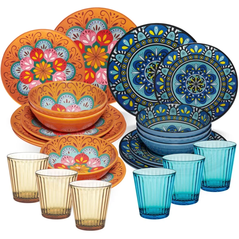 Melamin Geschirr Set Toskana Pastel für 6 Personen - 24 Teile - Orange-Blau - Mandala-Optik mit farblich passenden Trinkgläsern 360 ml aus Acryl Spülmaschinengeeignet Campinggeschirr