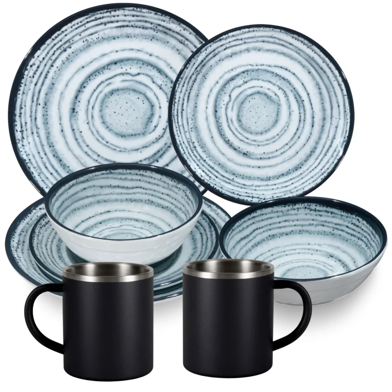Melamin Geschirr Set Blau Schiefer für 2 Personen - 8 Teile - mit Edelstahl Thermo Tassen Steingutoptik Spülmaschinengeeignet Essgeschirr Campingzubehör Campinggeschirr Wohnwagen Camping Festival Picknick Gartenparty