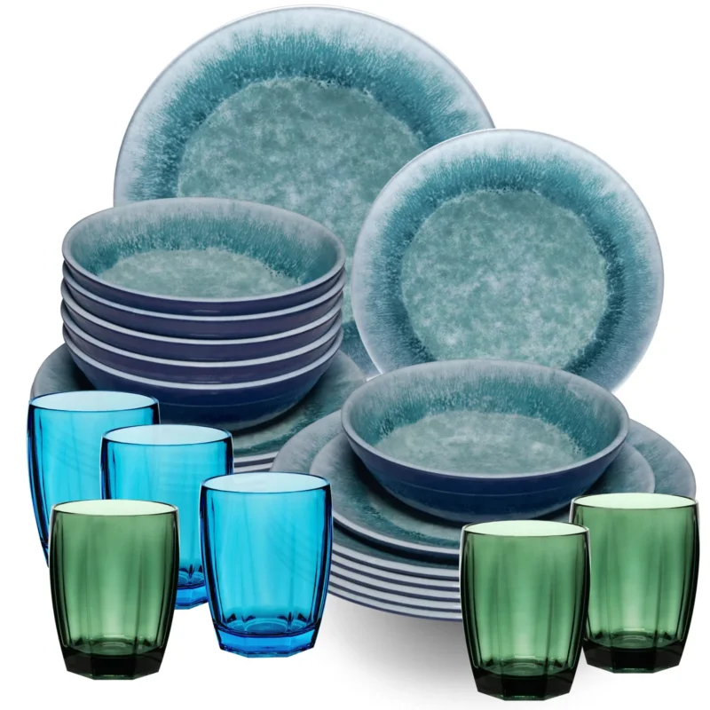 Melamin Geschirr Set Adria Blue für 6 Personen - 24 Teile Blau - mit farblich passenden Trinkgläsern 320 ml aus Acryl Steingutoptik Campinggeschirr