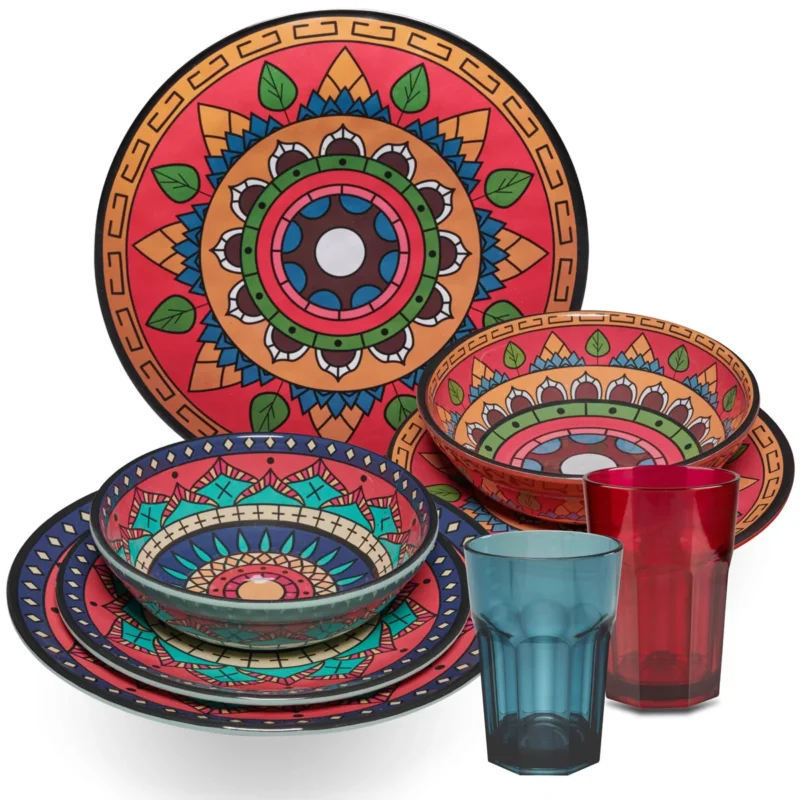 Melamin Geschirr Set Toskana Deep für 2 Personen - 8 Teile - Rot-Grün - Mandala-Optik mit farblich passenden Trinkgläsern 400 ml Campinggeschirr