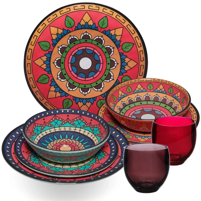 Melamin Geschirr Set Toskana Deep für 2 Personen - 8 Teile - Rot-Grün - Mandala-Optik mit farblich passenden Trinkgläsern 400 ml Campinggeschirr