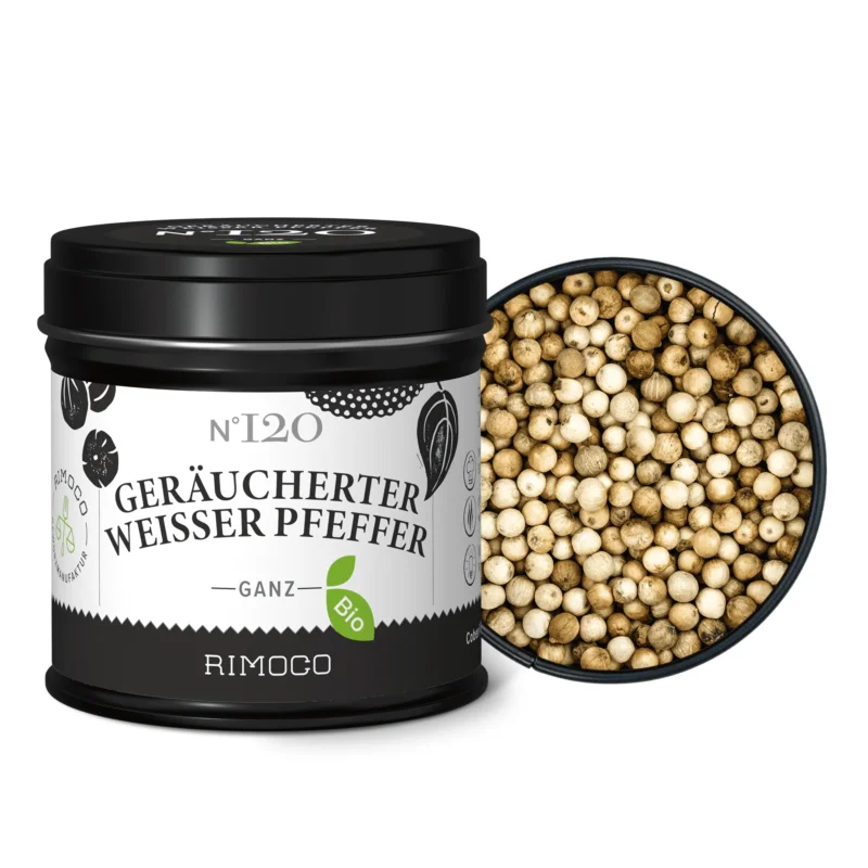 Bio Geräucherter Weißer Pfeffer Dose, weiße Pfefferkörner neben und in der offenen Dose sichtbar.