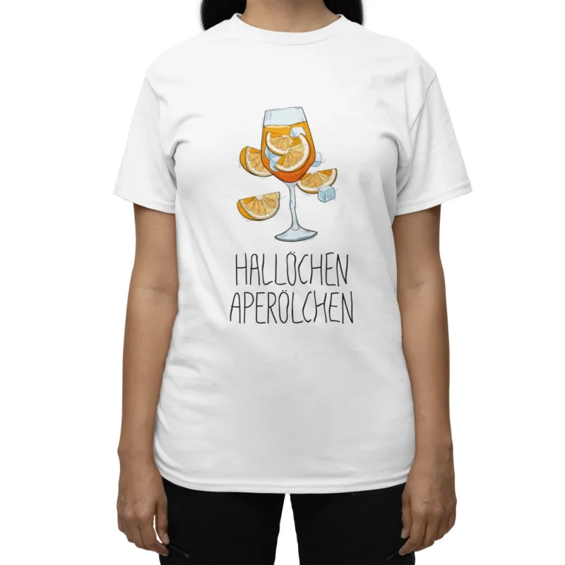 Alsino Damen T-Shirt Baumwolle Weiß Tshirt Hallöchen Aperölchen Motiv Karneval Fasching Party JGA Sommer Spruch Geschenk Gruppen
