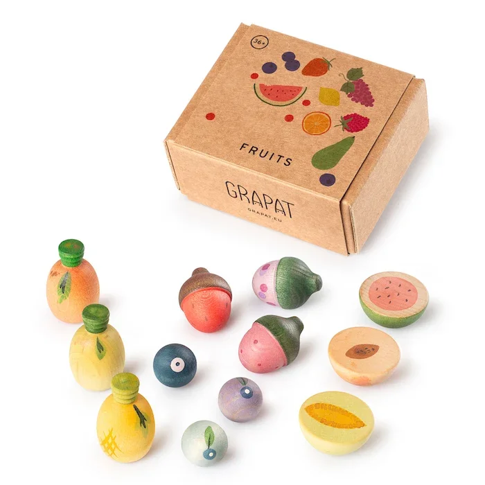 Handbemalte Holzfrüchte Fruits von Grapat mit dekorativer Papp-Box
