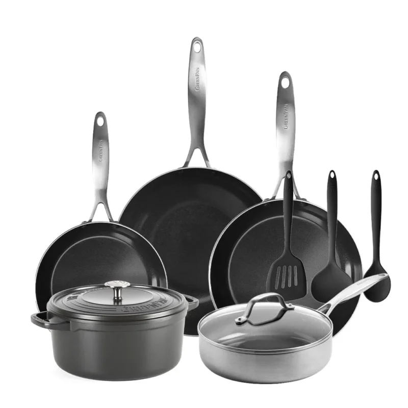 GreenPan - Geneva All You Need 9-delige Pannenset 18/24/24/28/28 cm - 2 koekenpannen + stoofpan met deksel + wokpan + braadpan + 3-delige spatelset Pannenset GreenPan
