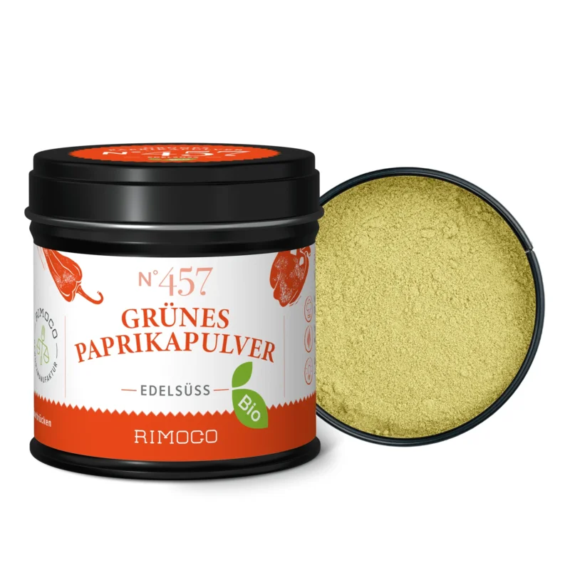 Bio Grünes Paprikapulver edelsüß, Dose offen, zeigt das hellgrüne, fein gemahlene Paprikapulver.