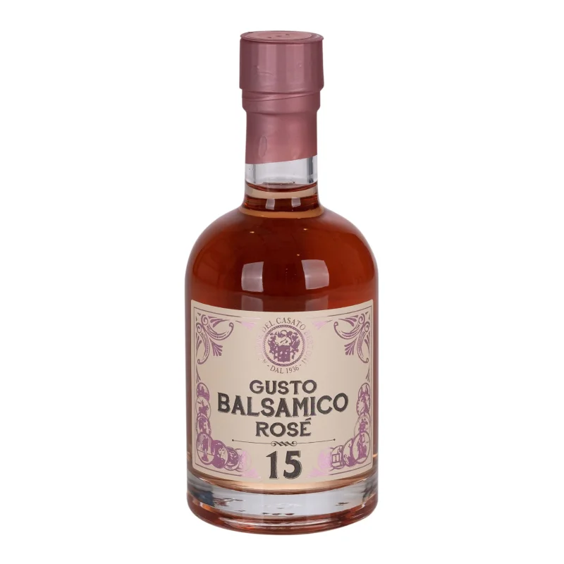 Bertoni Condimento Balsamico Rosé Flasche mit rosa Deckel und dekorativem Etikett.