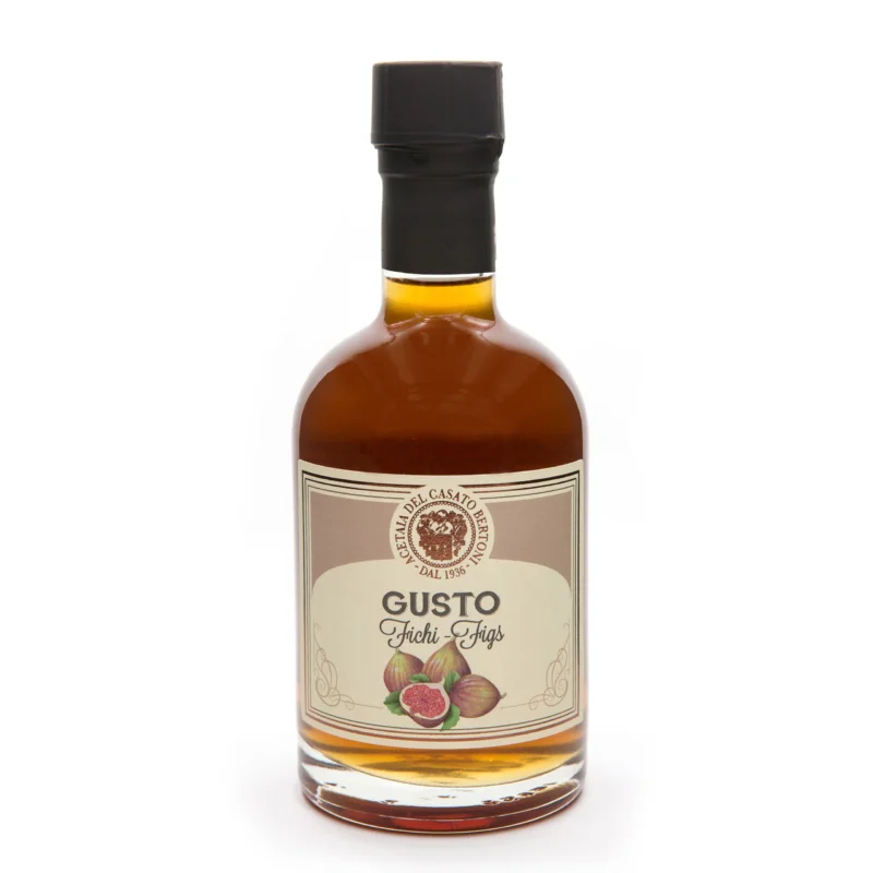 Bertoni Feigen-Balsamico Condimento in Glasflasche mit beigem Etikett und schwarzem Deckel.