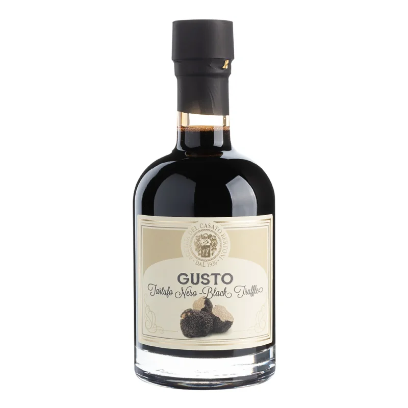 Bertoni Trüffel-Balsamico Condimento mit cremefarbenem Etikett und Trüffelabbildung.
