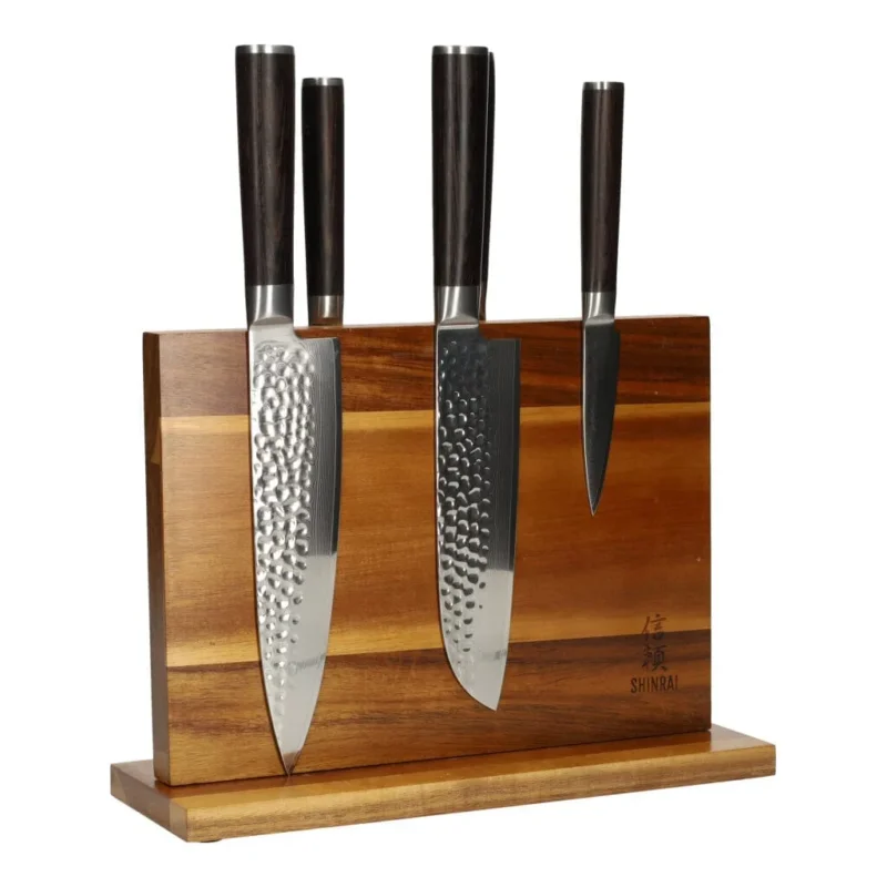 Hammered Damast BR 5-Delige Messenset + Magnetisch Messenblok Dubbelzijdig Messenset met blok Shinrai Knives