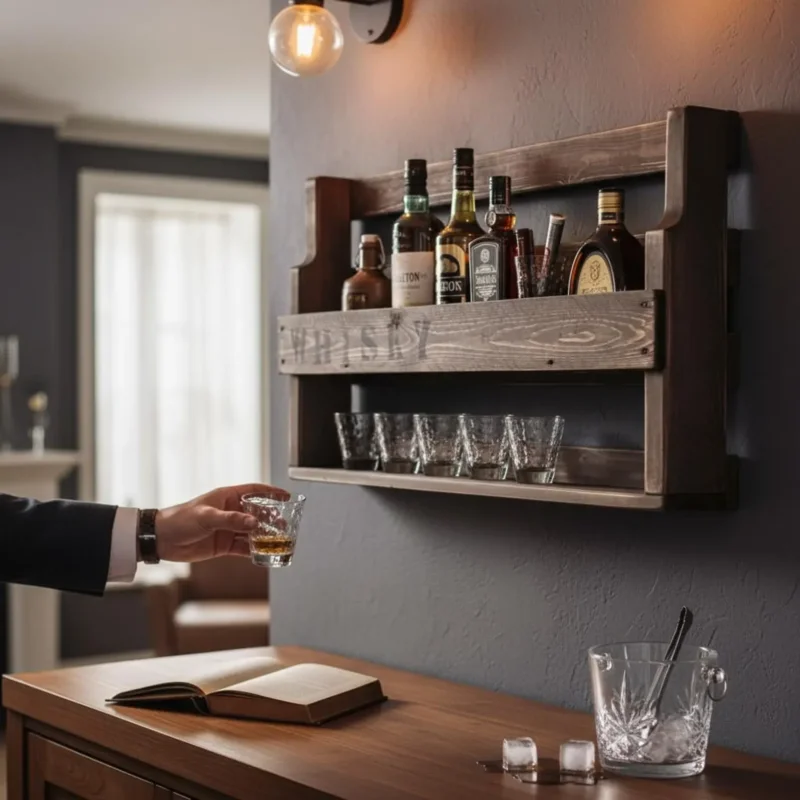 Whisky Regal aus Holz - mit Gläserhalter und WHISKY Schriftzug - Braun - Industrie Stil - fertig montiert - Wandbar