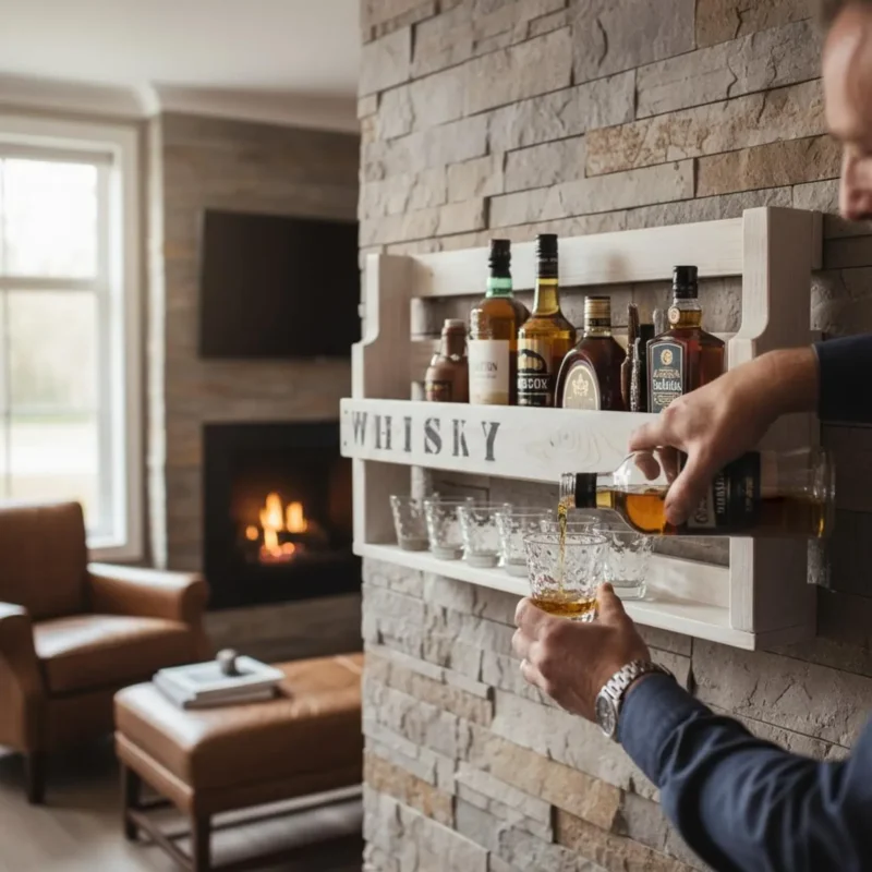 Whisky Regal aus Holz mit Gläserhalter Weiß mit Druck erstes