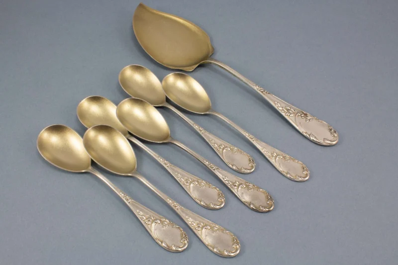 6 Eislöffel mit passendem Vorlegelöffel, Petersfeldt Berlin, 800 Silber, Löffel für Eis, Jugendstil, Eisbesteck