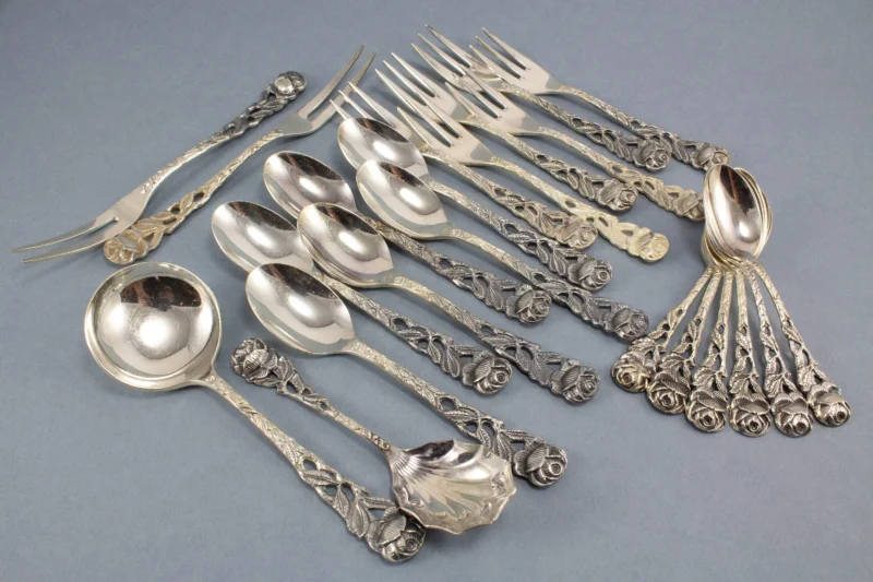 Silvered tea time set with rose pattern for 6