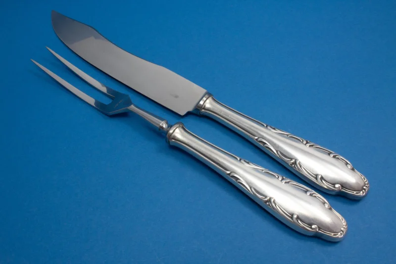 Große versilberte Fleischgabel mit passendem Fleischmesser, 2 teiligesVorlegebesteck