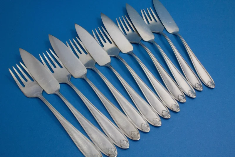 Jugendstil- Fischbesteck für 6 Personen, WMF 1600 Akanthus, Fischmesser und Fischgabeln