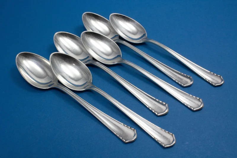 6 alte Teelöffel von Bruckmann, versilbert, Kornmuster