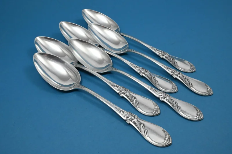 6 antike Tafellöffel von Lutz und Weiss, 800er Silber, Jugendstil