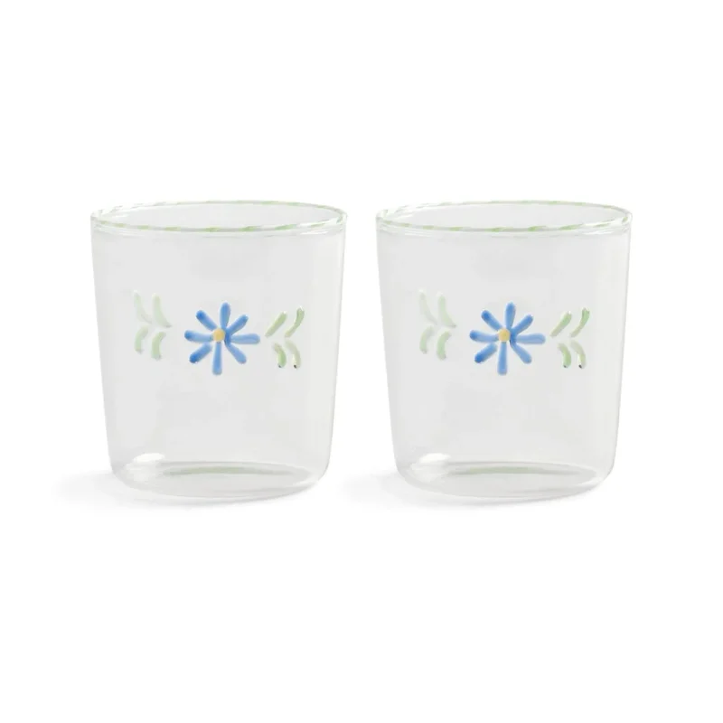&Klevering - Glas flora blauw set van 2 Drinkglazen &Klevering