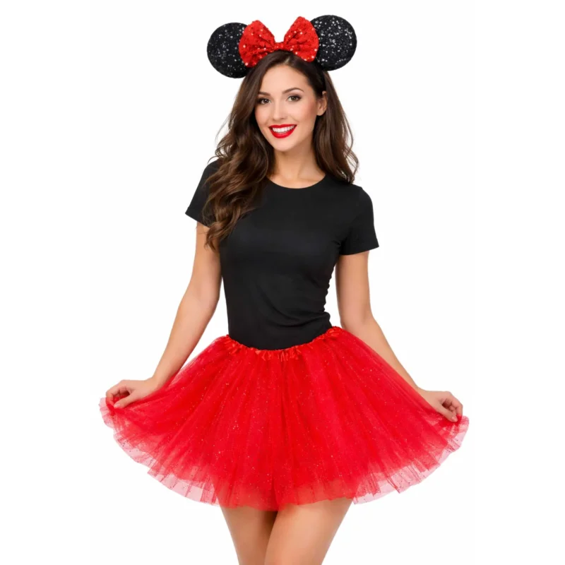 Maus Kostüm Set – roter Tütü & schwarzes Shirt mit Haarreif – rote Schleife & schwarze Ohren – Verkleidung für Karneval, Fasching & Mottoparty – Damen & Kinder